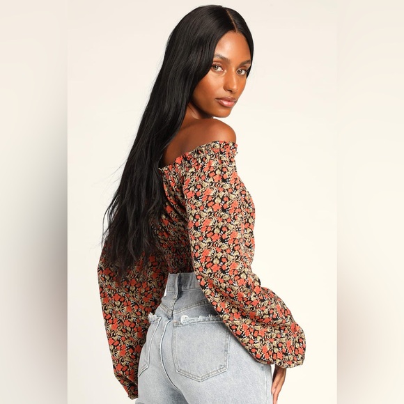 Lulus Beauty Embodied Black Floral Off-the-Shoulder Smocked Bodysuit - Picture 2 of 6